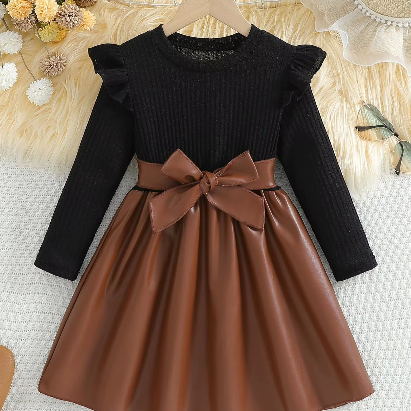 Long Sleeve Bow Ruffled PU Dress