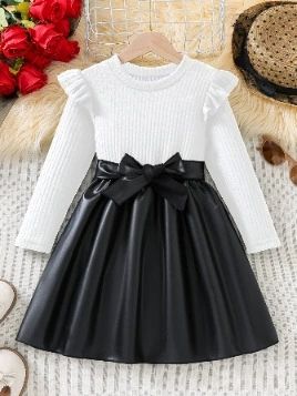 Long Sleeve Bow Ruffled PU Dress